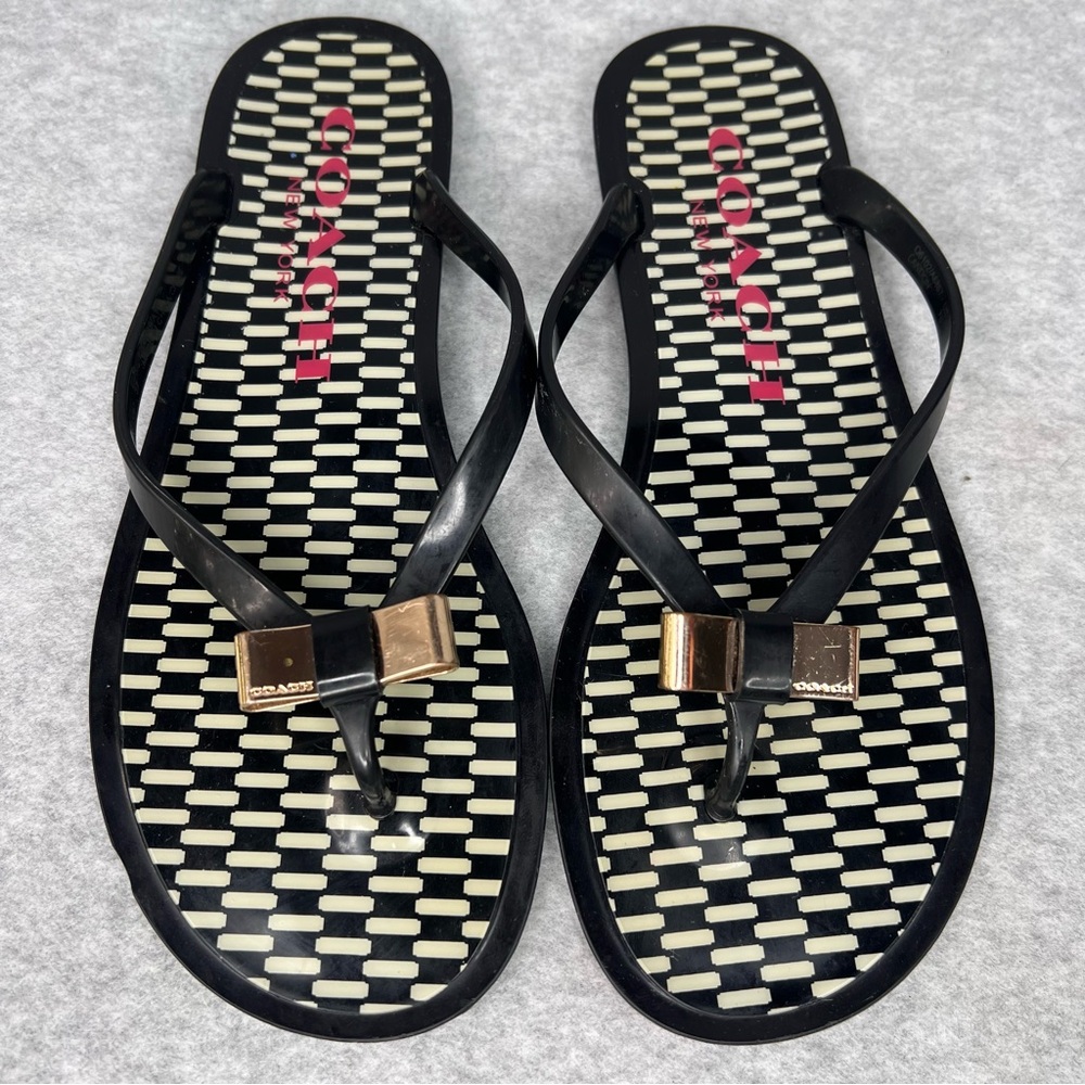 COACH New York Landon Black Thong Jelly Flip Flops Sandals Gold Bow Size 7B Y2K